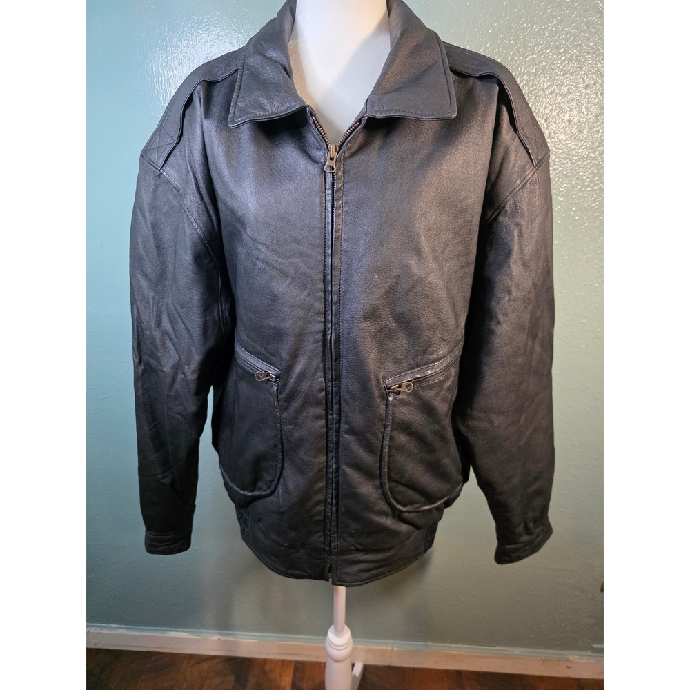 Joshua Ross Leather Jacket Black Bomber Zip Pockets XL W26 L28